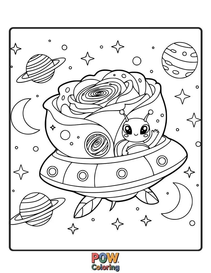 Free coloring page of A brave astronaut rose floating in space, holding a tiny planet like a seed.