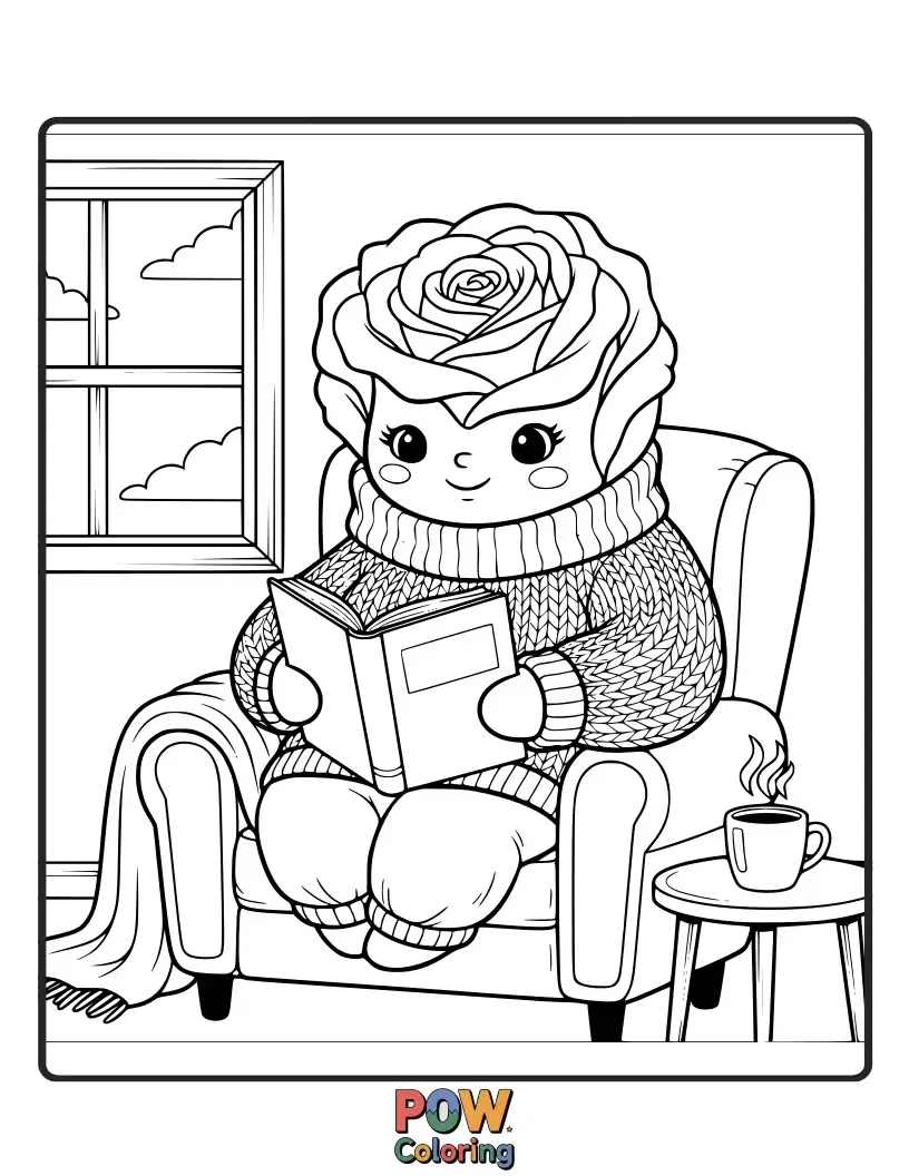 Free coloring page of A wise owl perched on a bookshelf, engrossed in a book, with a small rose nearby.