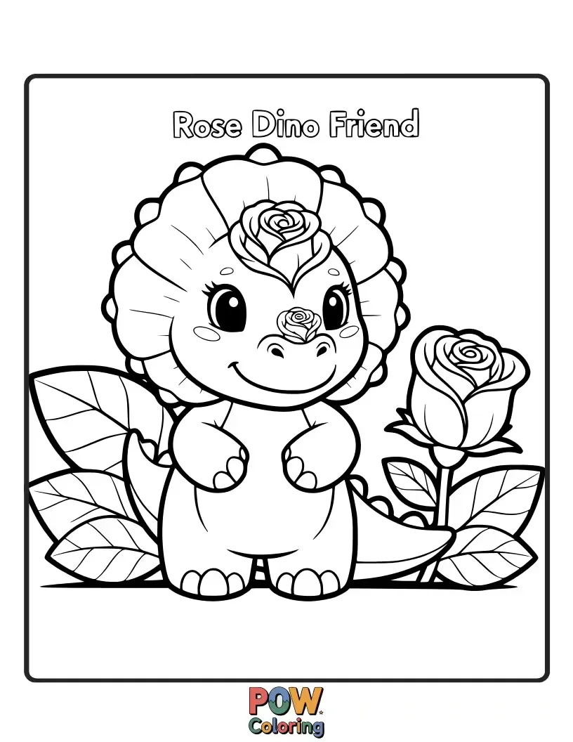 Free coloring page of A small, cute dinosaur admiring a large, blooming rose in a prehistoric jungle.