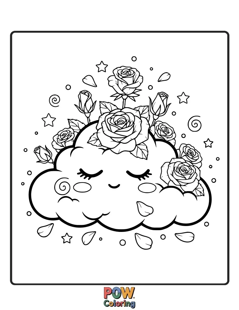 Free coloring page of A fluffy cloud shaped like a rose, with soft stars and crescent moons peeking out.