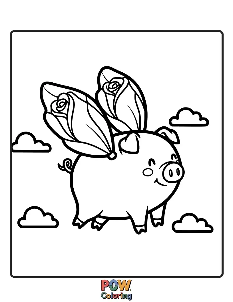 Free coloring page of A happy pig with wings gracefully soaring through the sky, carrying a single perfect rose.