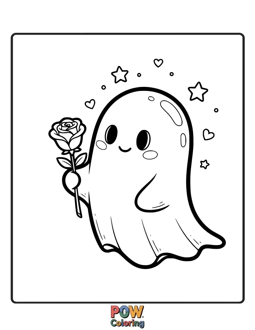 Free coloring page of A Casper-like ghost happily floating and holding a delicate rose, leaving a trail of sparkles.