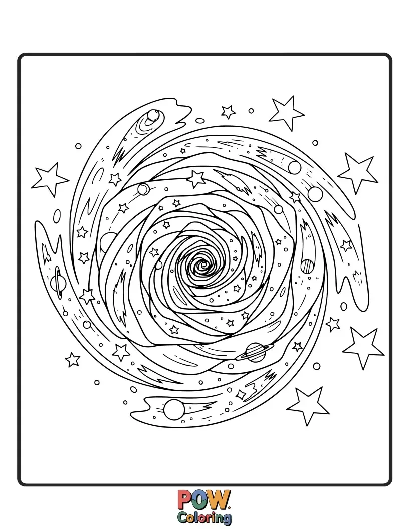 Free coloring page of A swirling galaxy pattern forming into the shape of a blooming rose, with stars as dew drops.