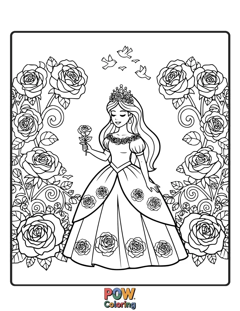 Free coloring page of A delicate princess picking beautiful roses in a vibrant, blooming garden. So many colors!