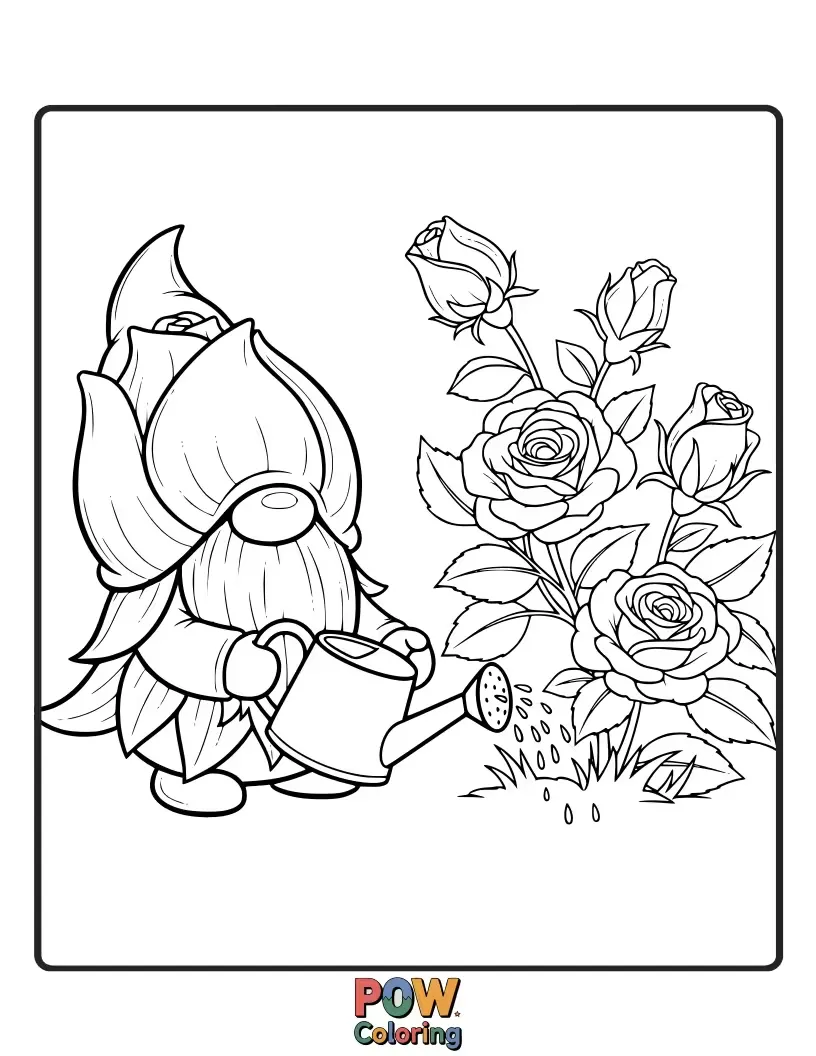 Free coloring page of A tiny gnome proudly tending a giant, smiling rose, wearing a mushroom hat and watering can.