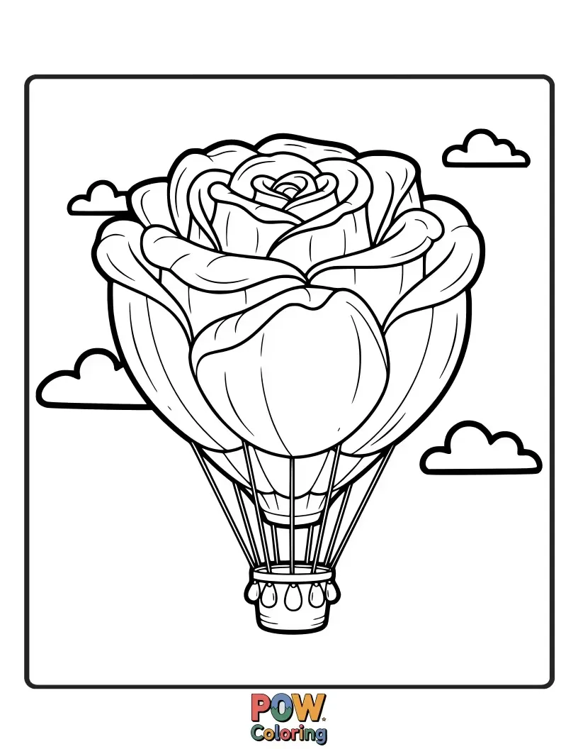 Free coloring page of A whimsical hot air balloon designed like a giant rose, floating gently upwards.