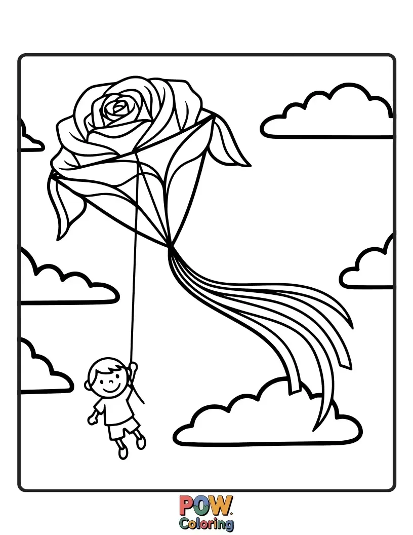 Free coloring page of A joyful child flying a kite shaped like a stylized rose, soaring high.