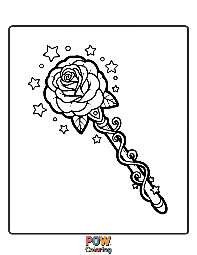 Free coloring page of A sparkly magic wand shaped like a rose, casting glittery star spells.