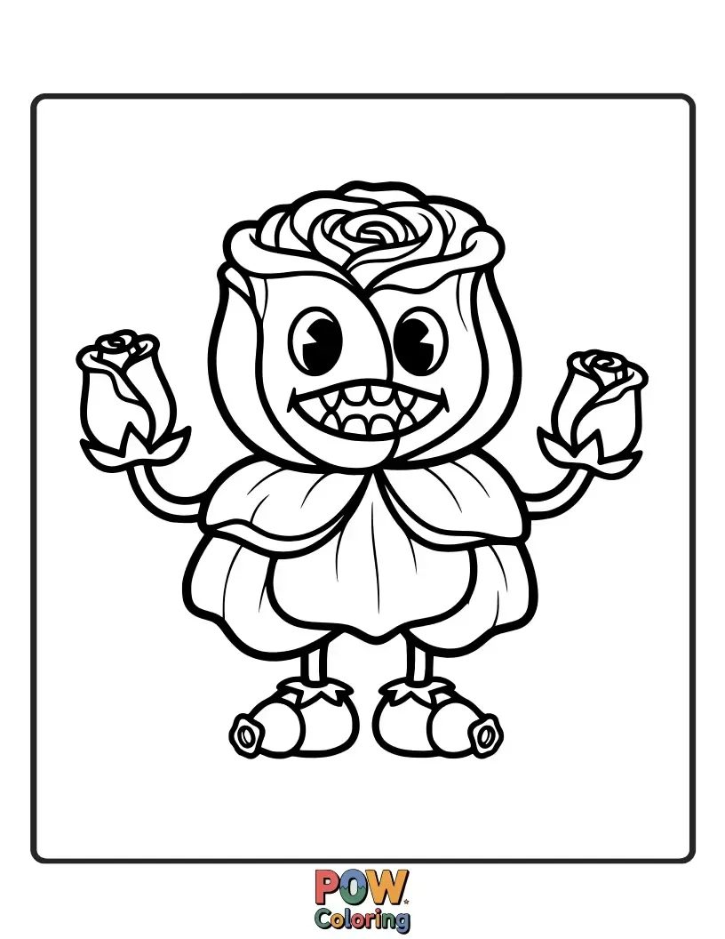 Free coloring page of A fluffy, multi-eyed monster happily gobbling up rose petals, with a mischievous grin.