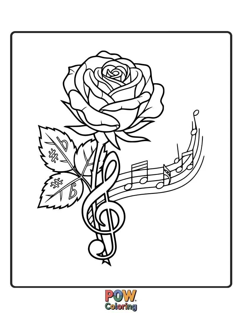 Free coloring page of A dancing musical note with rose petal wings, playing a cheerful tune.