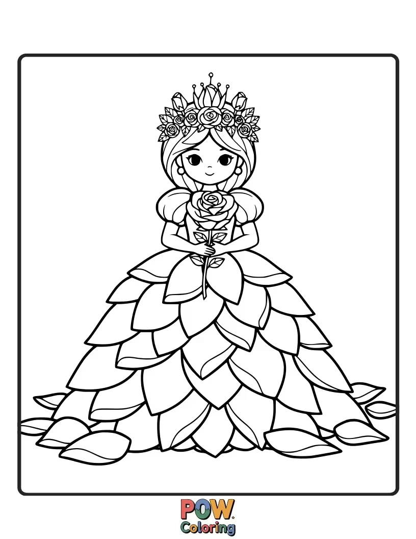 Free coloring page of A gentle princess sitting in a bed of soft rose petals, enjoying their beauty.