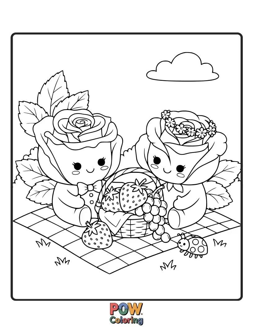 Free coloring page of Two cute ladybugs having a tiny picnic on a large, inviting rose petal.