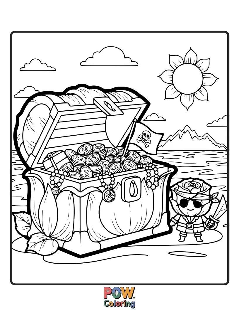 Free coloring page of A treasure chest overflowing with golden roses, guarded by a one-eyed, smiling rose with an eyepatch.
