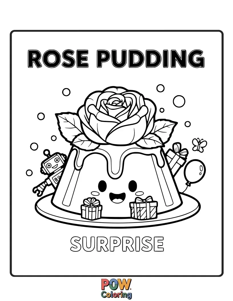 Free coloring page of A wobbly pudding with a rose blooming from its center, topped with whipped cream swirls.