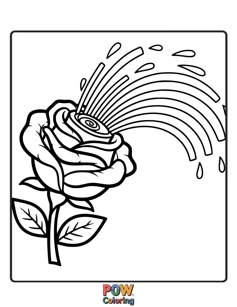 Free coloring page of A playful cloud showering colorful raindrops and a vibrant rose bush with a rainbow arching over it.