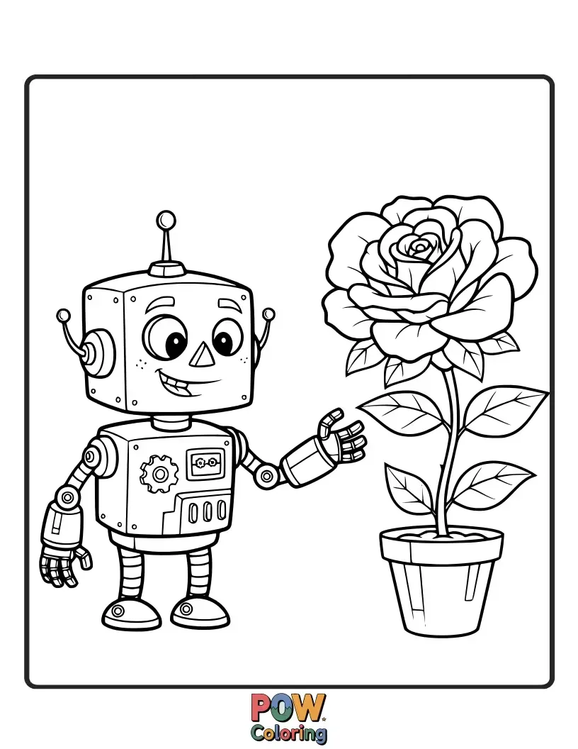 Free coloring page of A cheerful, boxy robot sharing a blooming rose with a curious butterfly. Gears and petals mingle.