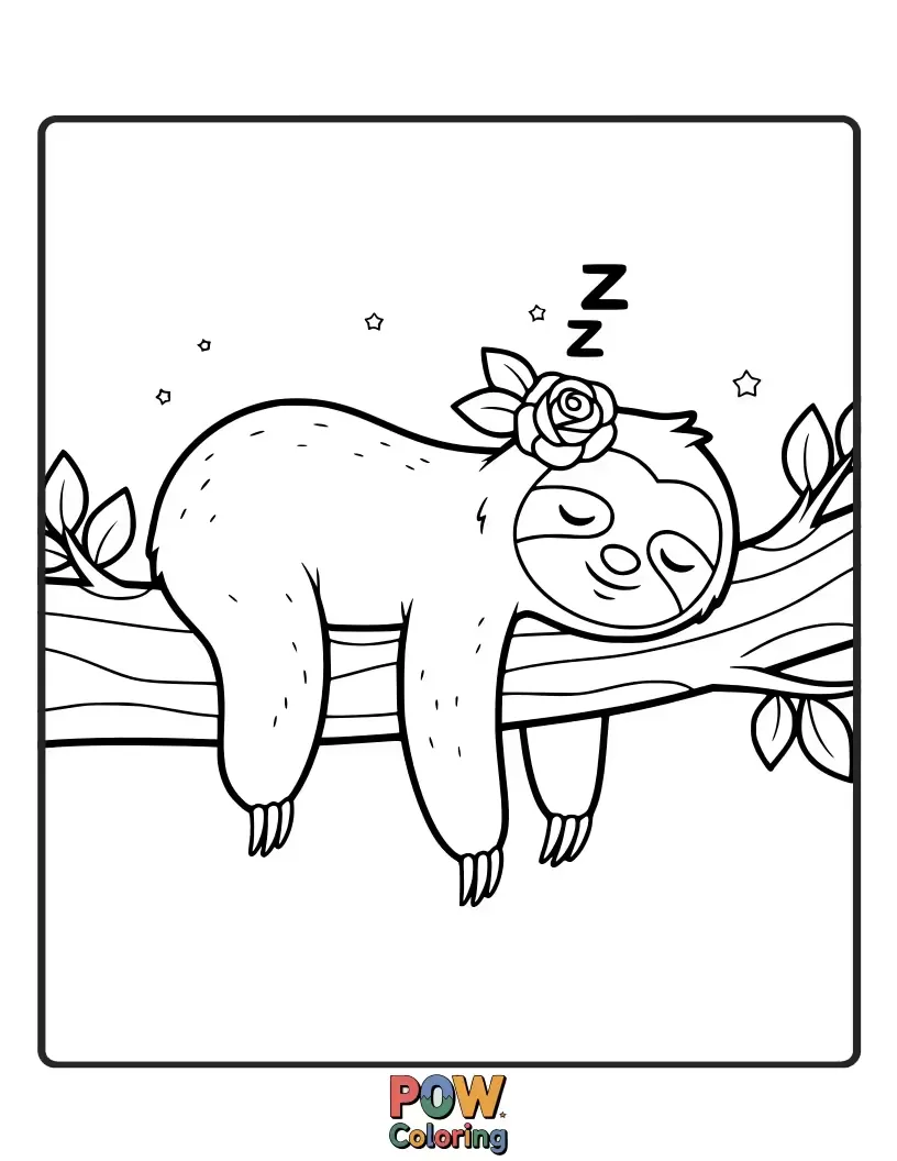 Free coloring page of A very sleepy sloth draped over a large, soft rose, dreaming sweet floral dreams.
