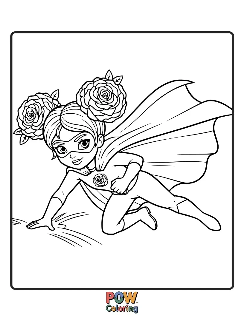 Free coloring page of A heroic rose striking a dynamic pose after a dramatic landing, cape made of petals.
