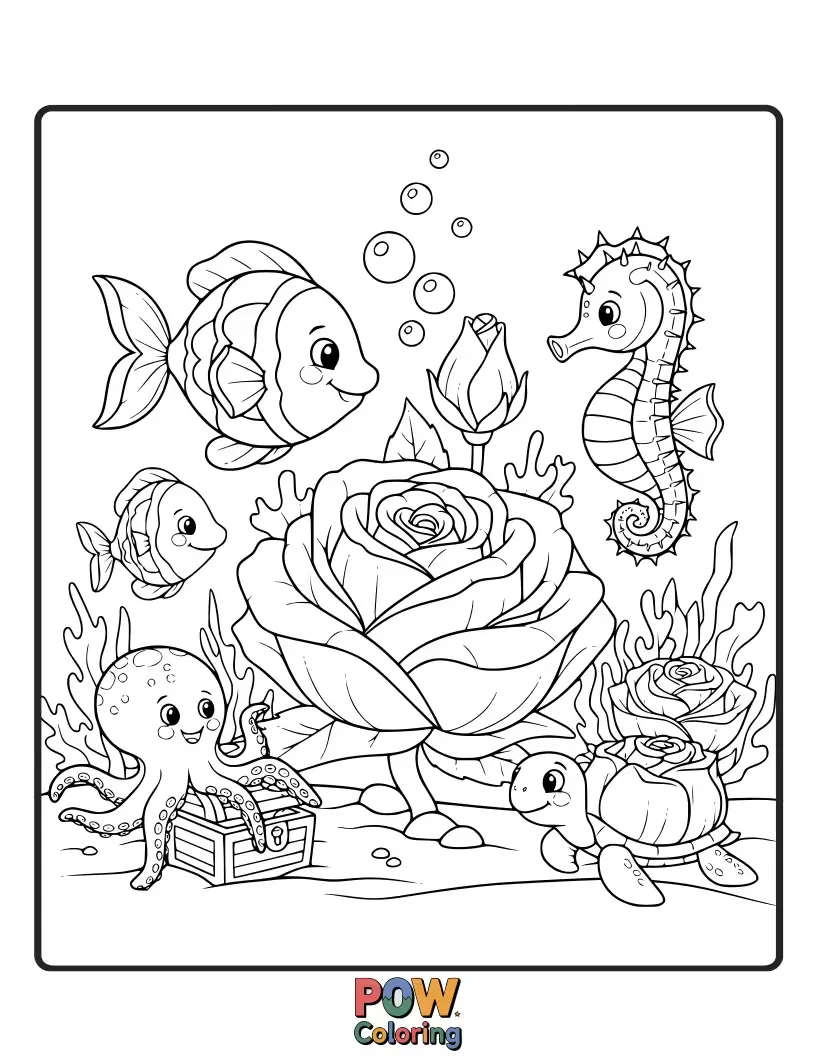 Free coloring page of A playful dolphin swimming through an underwater garden, with glowing roses and coral.