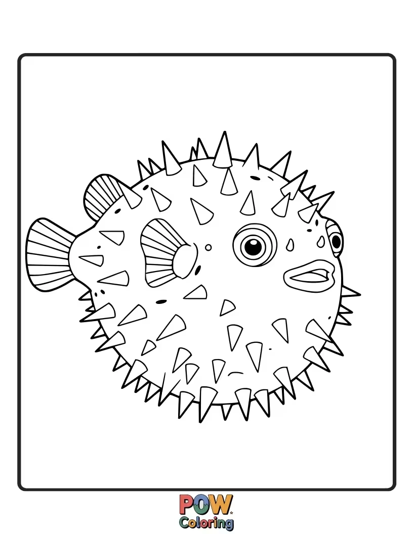 Free coloring page of A pufferfish showing its spiky texture, an engaging design for kids to color and imagine its defense.