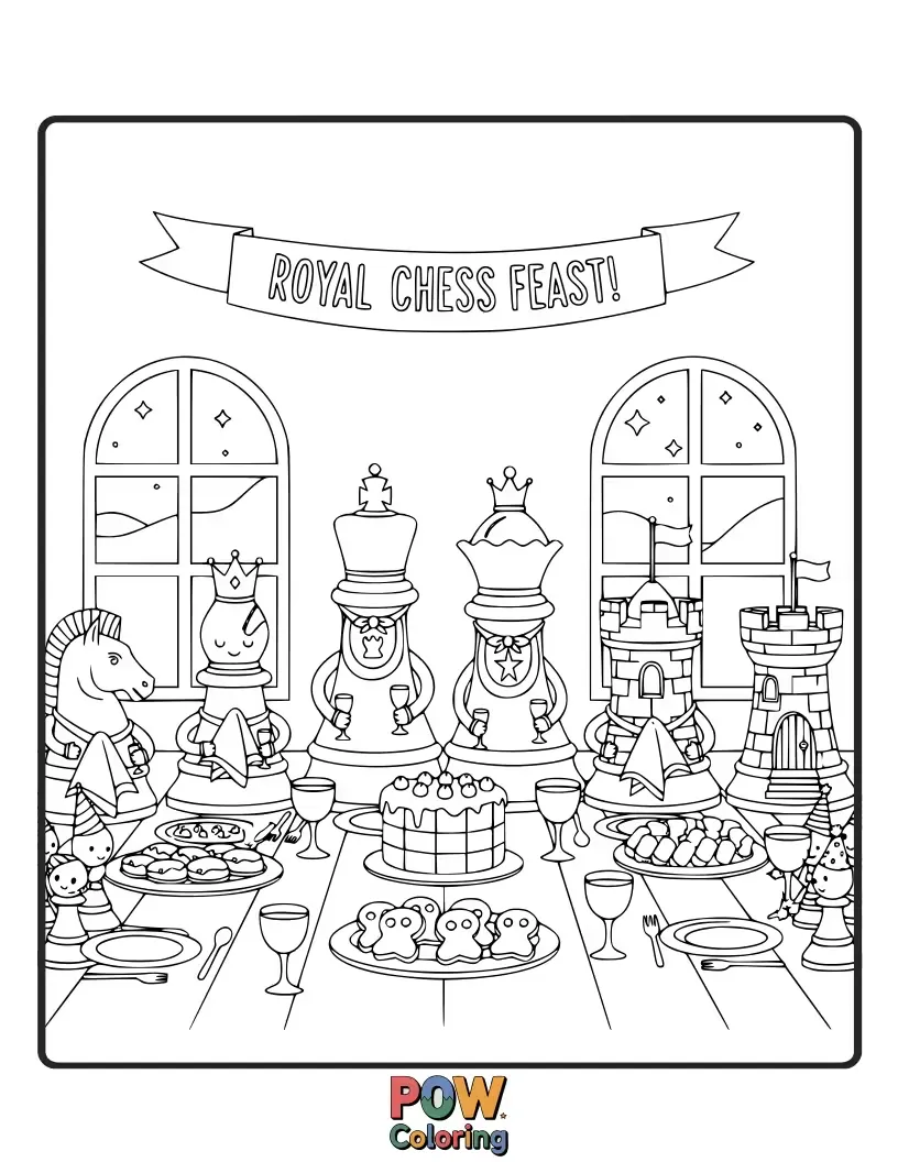 Free coloring page of King and Queen figurines enjoying a miniature picnic with tiny sandwiches and teacups on a checkered battlefield.