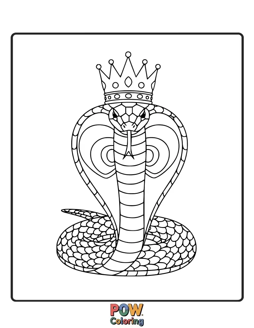 Free coloring page of A majestic cobra snake adorned with a sparkling jewel-encrusted crown, looking regal and sweet.