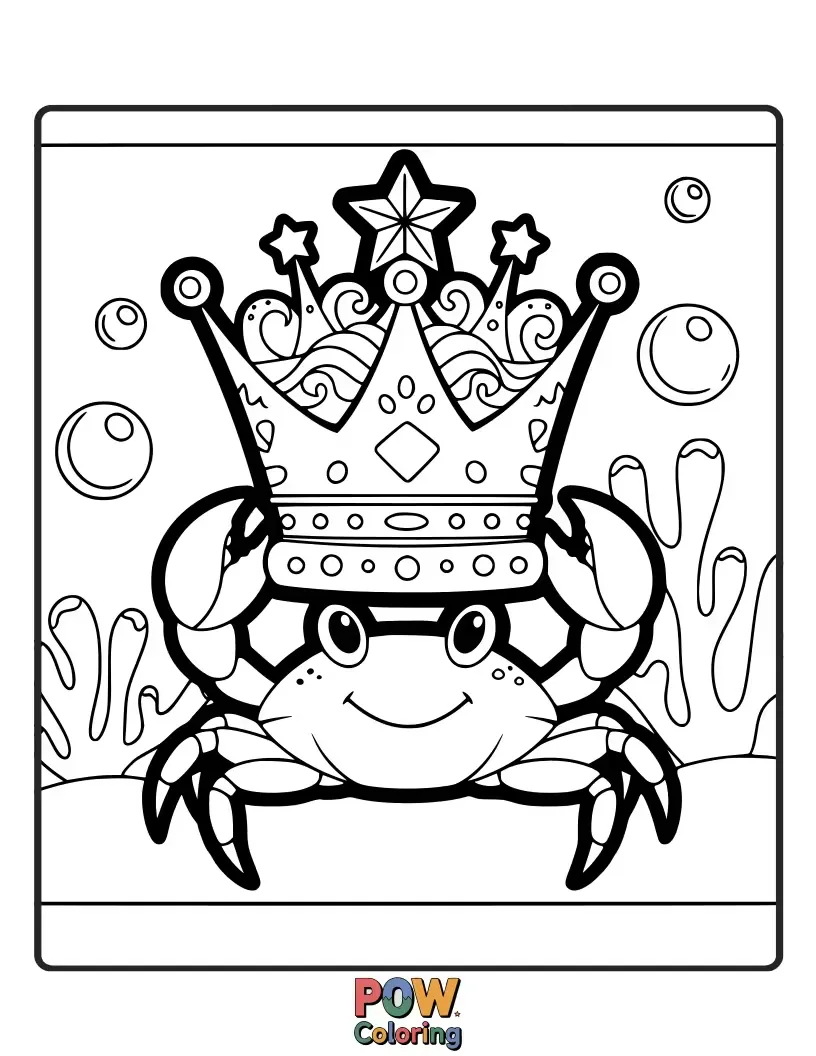 Free coloring page of A majestic crab adorned with a sparkling crown, sitting on a seashell throne.
