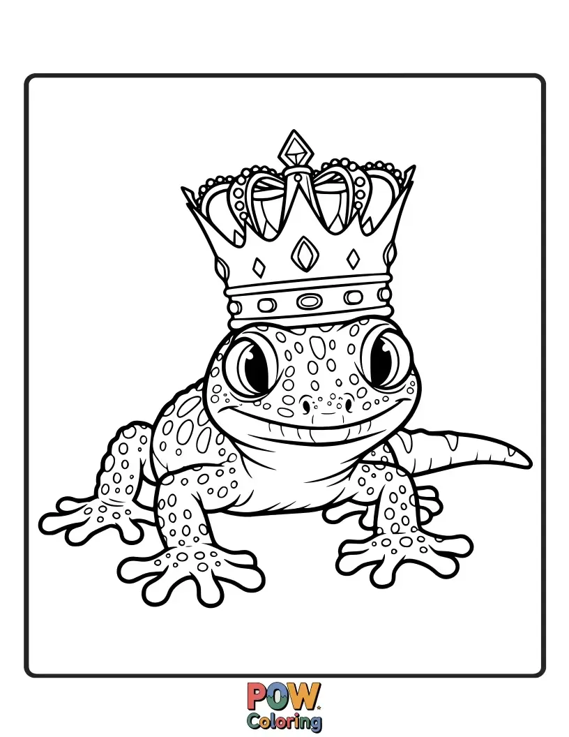 Free coloring page of A majestic gecko lizard wearing a tiny, ornate crown, looking like a king of its domain.