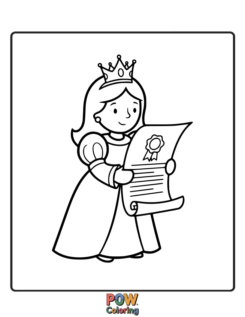 Free coloring page of A serious princess announcing a royal decree, holding a scroll of important news.