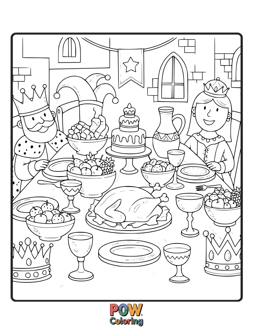 Free coloring page of A lavish banquet table set for a royal feast, with elaborate food and decorations.