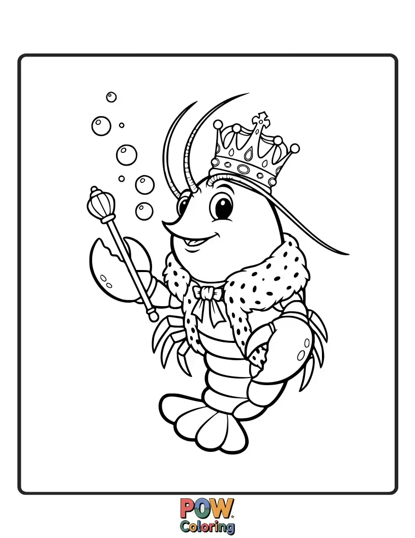 Free coloring page of A majestic lobster wearing a golden crown and a regal robe, sitting on a throne of coral.