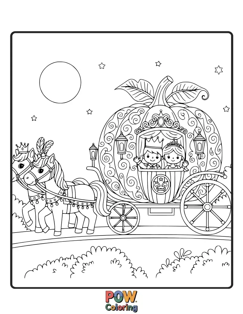 Free coloring page of Cinderella joyfully rides her enchanted pumpkin carriage, with mice friends peeking out, heading to the ball.
