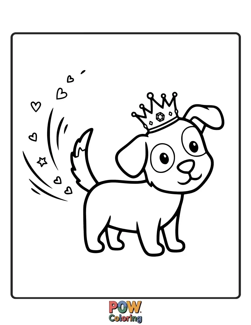 Free coloring page of Prince Charming's loyal dog wagging its tail happily beside Cinderella, a true companion.
