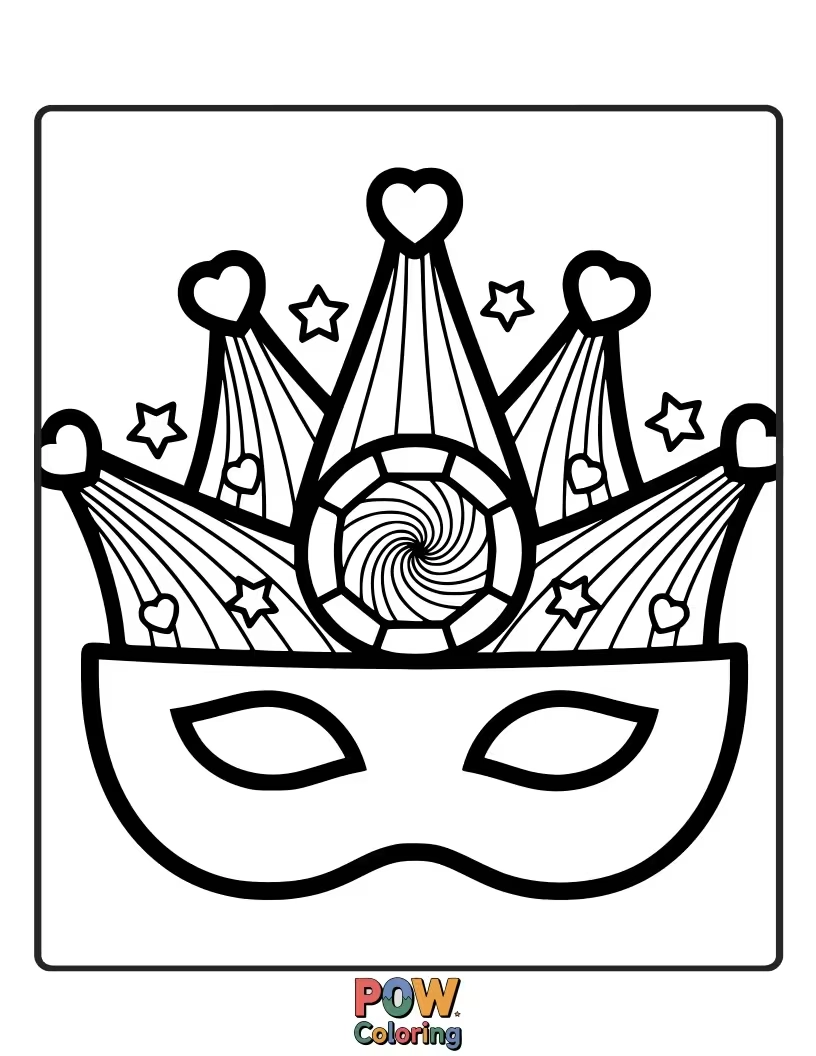 Free coloring page of Queen Esther is depicted wearing a magnificent, intricately patterned mask with rainbow-colored jewels and feathers. A truly regal disguise!