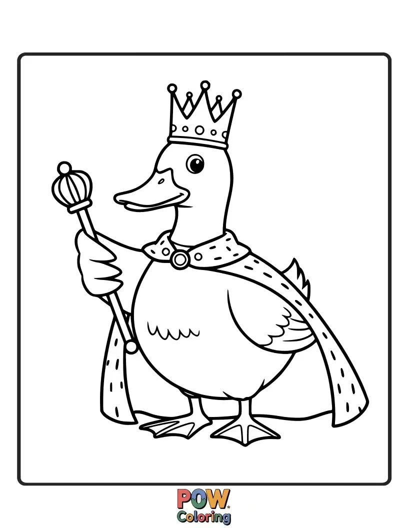 Free coloring page of A majestic duck wearing a crown and a royal robe, exuding grace.