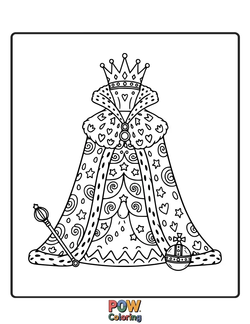 Free coloring page of King Ahasuerus is wearing an absurdly long and flowing royal robe, tripping over it hilariously as he walks.