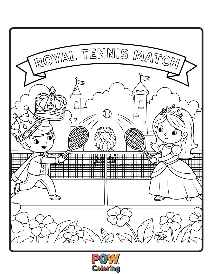 Free coloring page of A regal king and queen playing tennis in a grand garden, wearing crowns and elegant court attire.