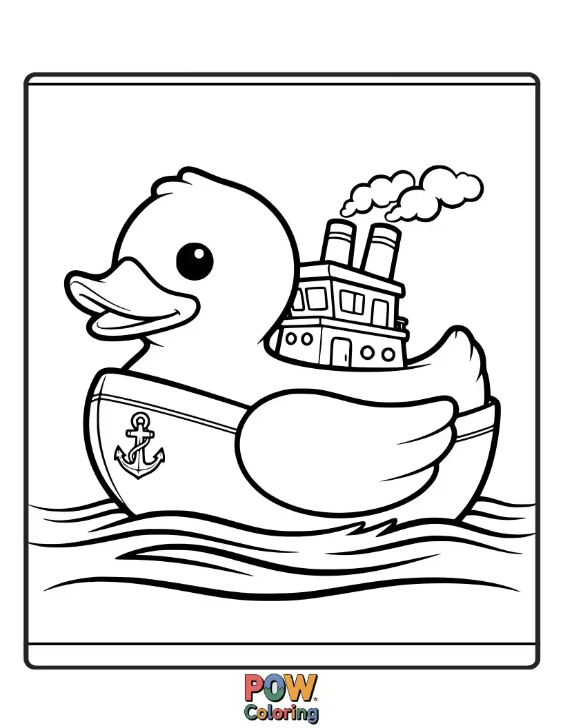 Free coloring page of A giant, inflatable rubber ducky humorously acting as a mighty tugboat, pushing a tiny, overwhelmed cargo ship.
