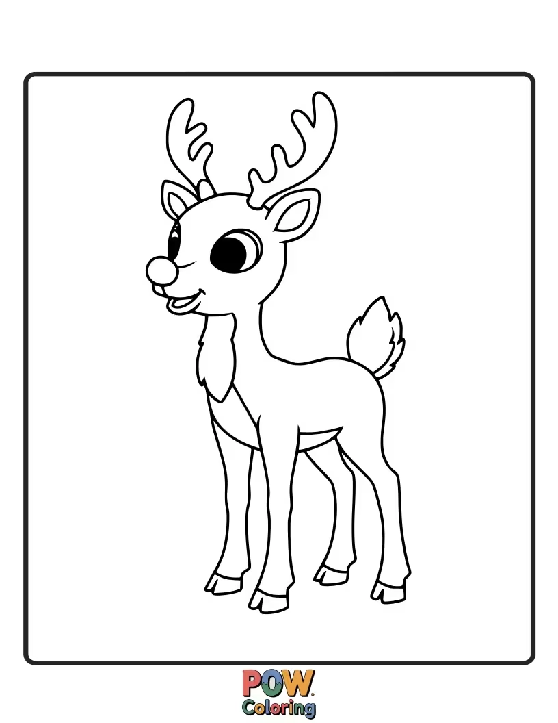 Free coloring page of The famous reindeer with his glowing red nose, leading the way on Christmas Eve. A beloved character.