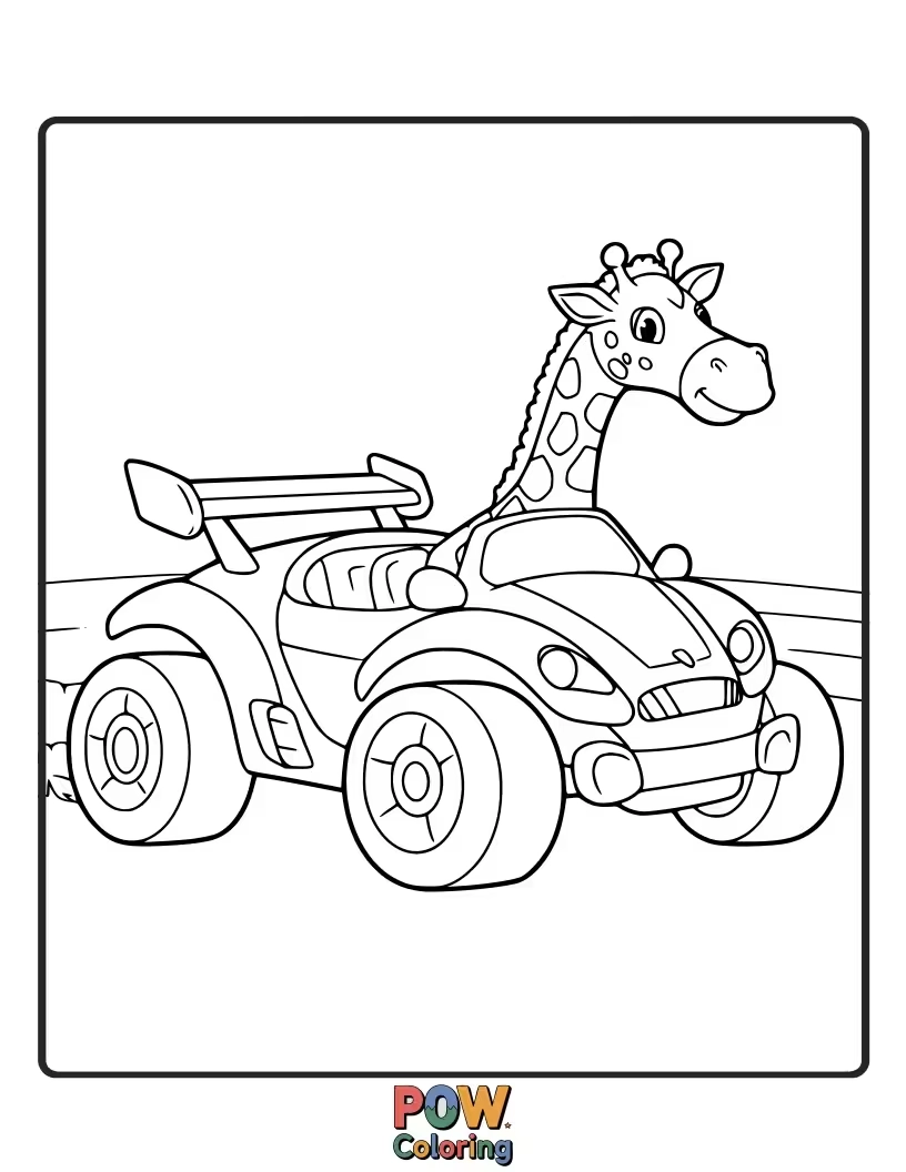 Free coloring page of A rugged safari race car navigating through the African savanna, spotting exotic animals along the way.