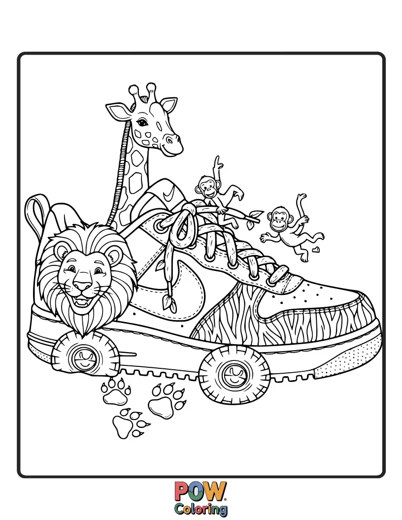 Free coloring page of A cool Nike shoe peeking out from behind a friendly giraffe and zebra on a safari adventure.