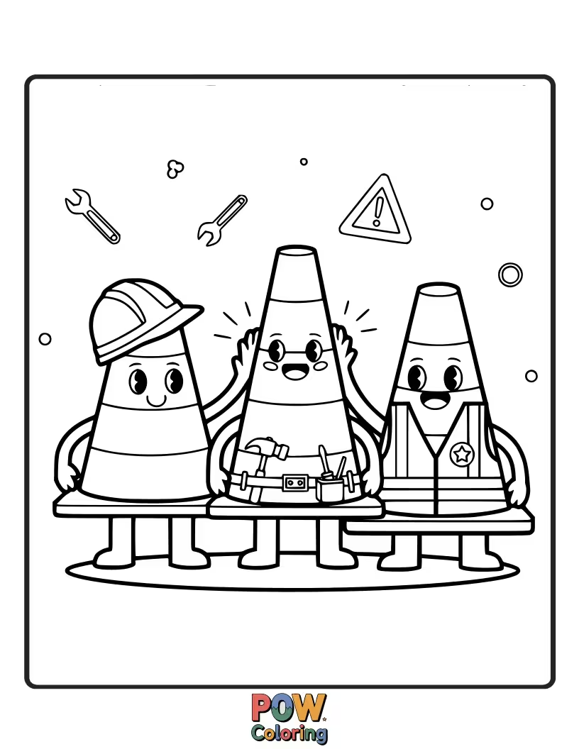 Free coloring page of Adorable traffic cones with faces linked together holding hands.