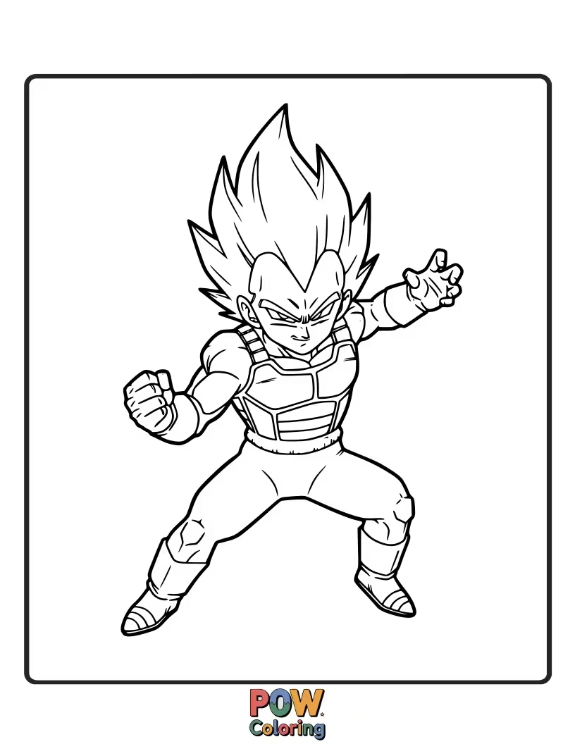 Free coloring page of Vegeta in Saiyan armor ready for battle.