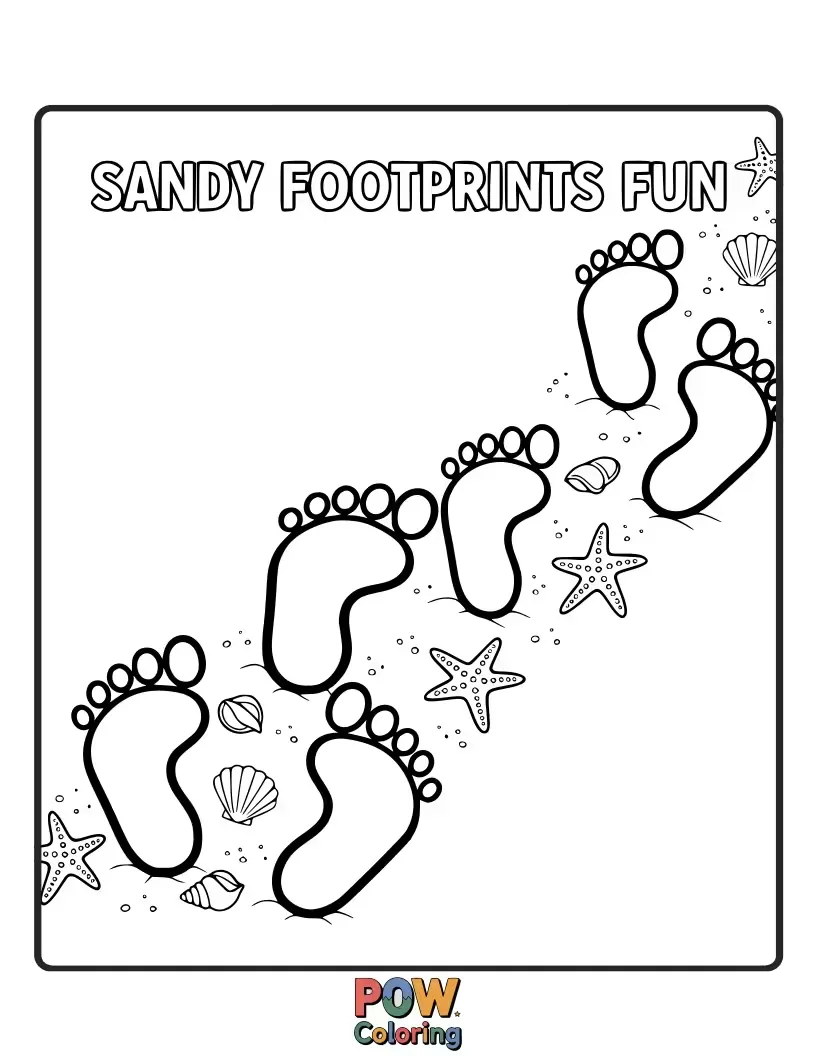 Free coloring page of Adorable animal footprints of various sizes making funny patterns in the wet sand by the ocean.