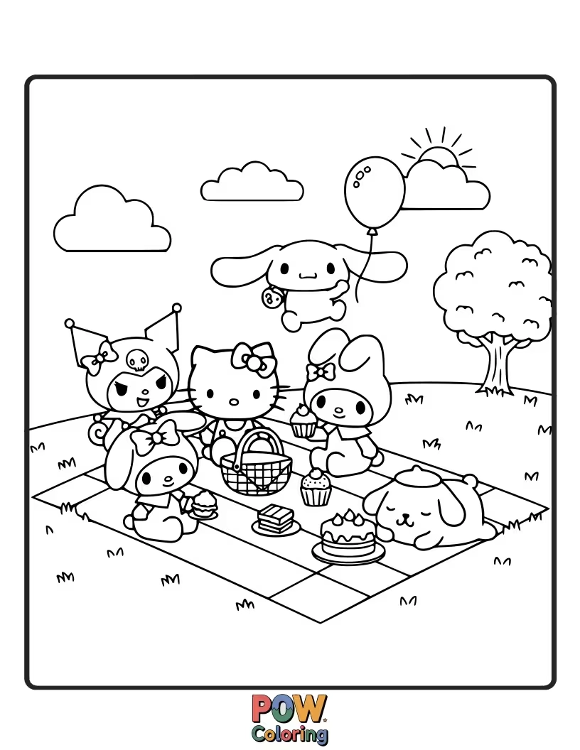 Free coloring page of A group of popular Sanrio characters enjoying a delightful picnic outdoors.