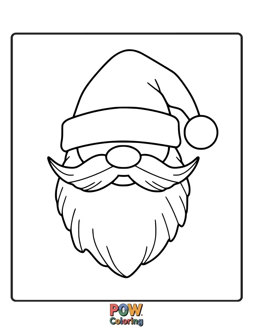 Free coloring page of A close-up of Santa's iconic fluffy white beard and red hat, ready for coloring. Simple yet instantly recognizable.