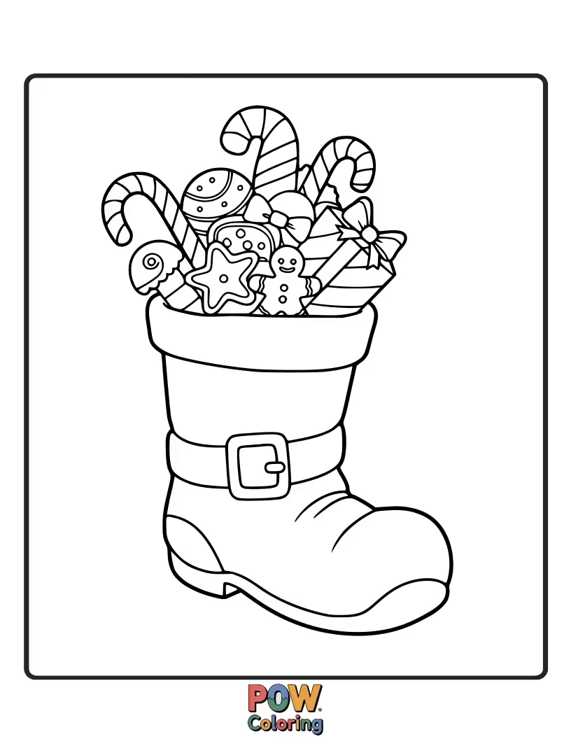 Free coloring page of Santa's iconic boot, overflowing with candy canes, cookies, and small toys. A delightful treat for coloring.