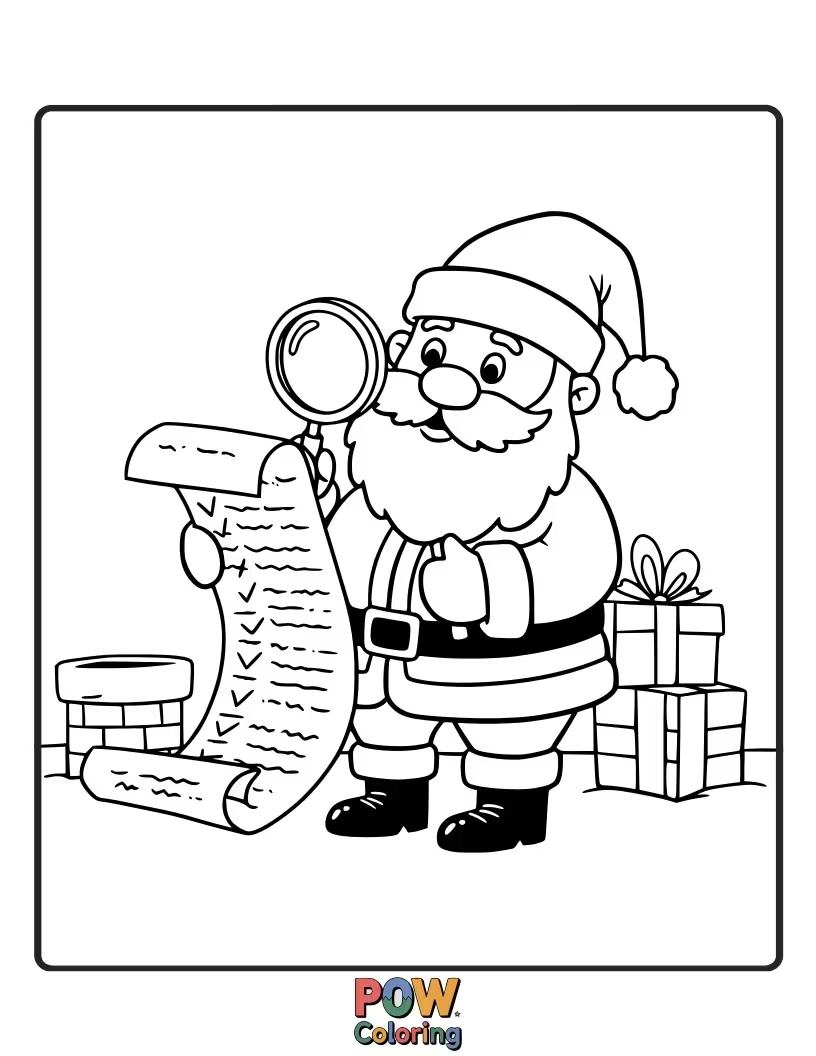 Free coloring page of Santa Claus reviewing his list, checking it twice, with a quill pen and a stern yet kind expression.