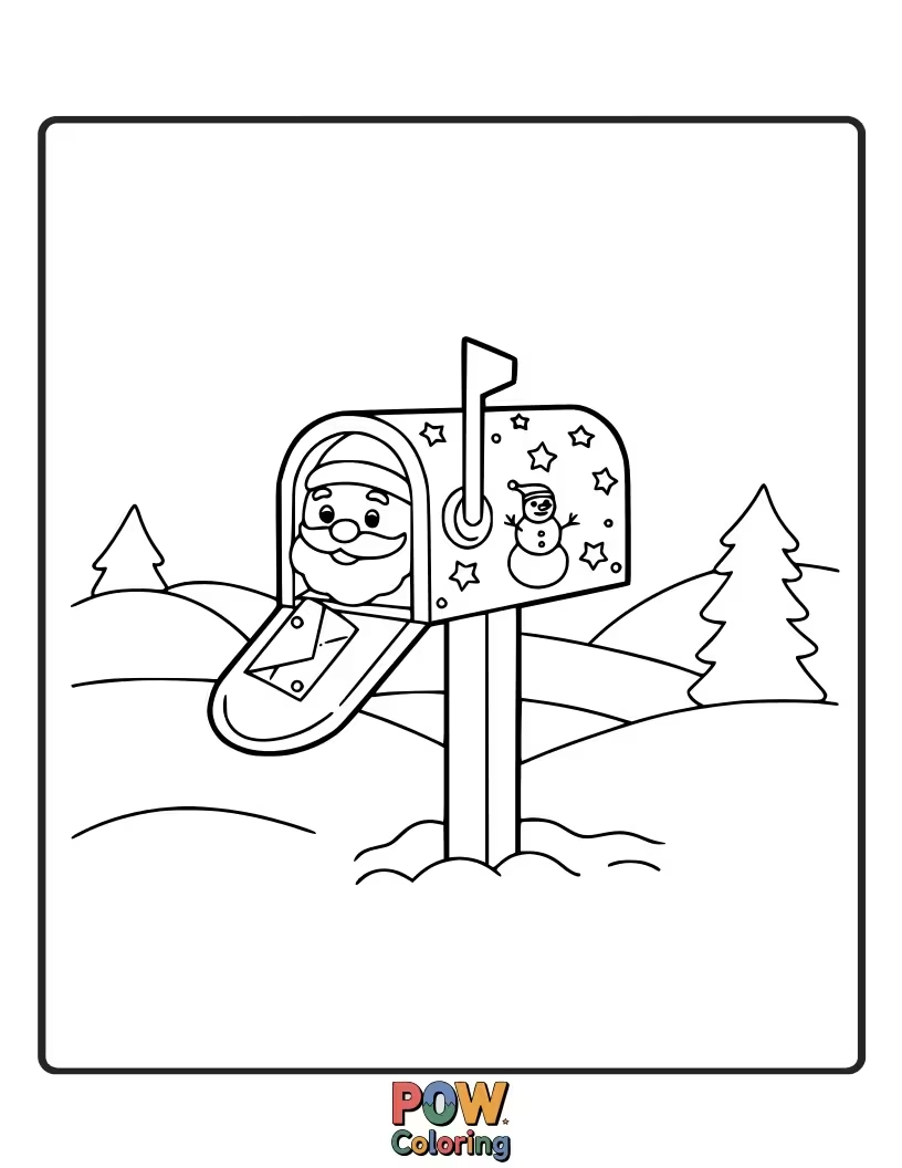 Free coloring page of A special mailbox for children to send their letters to Santa, filled with drawings and wishes. Capture the anticipation.