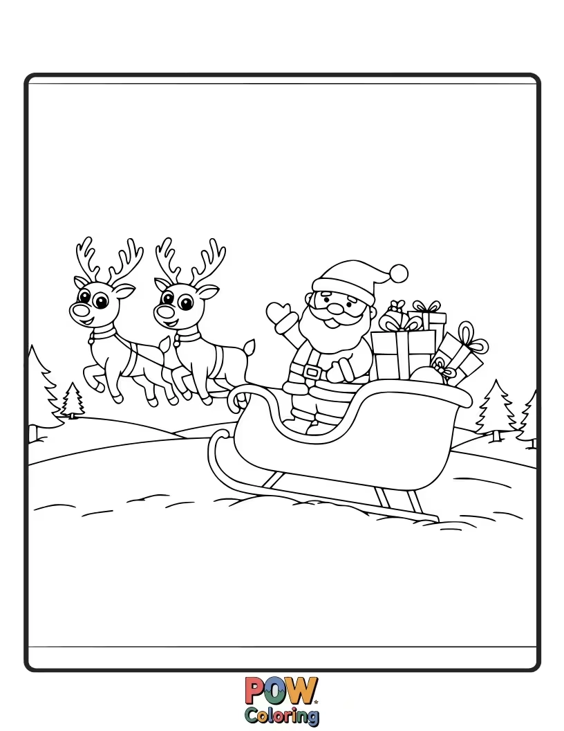 Free coloring page of Santa Claus, his reindeer, and a sack full of presents taking off on a magical Christmas Eve journey.